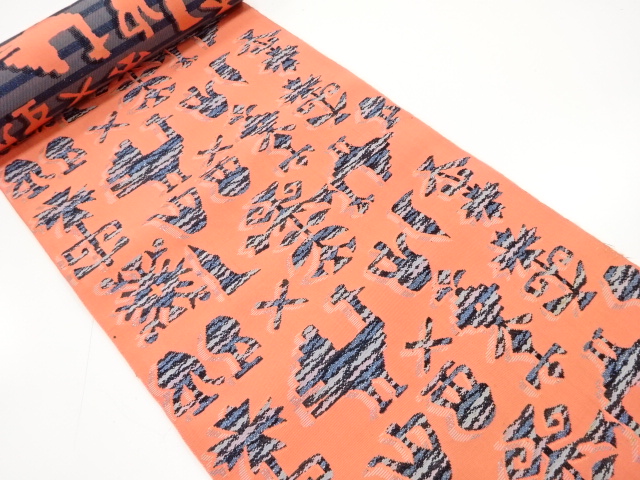 アンティーク　花鳥更紗模様織り出し　八寸帯地反物